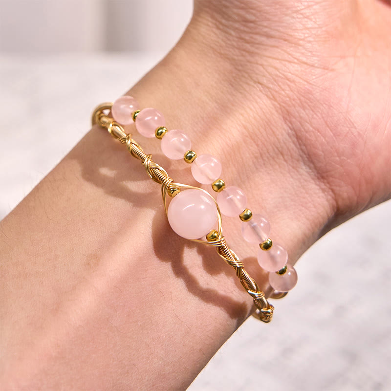Nimara Ritual Natural Rose Quartz Love Healing Metal Cuff Bracelet Bangle