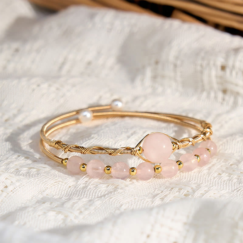 Nimara Ritual Natural Rose Quartz Love Healing Metal Cuff Bracelet Bangle
