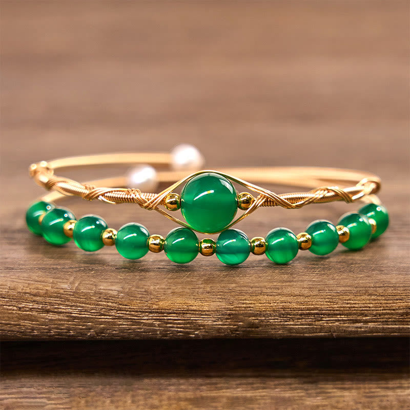 Nimara Ritual 14K Gold Filled Copper Natural Green Agate Power Metal Cuff Bracelet Bangle