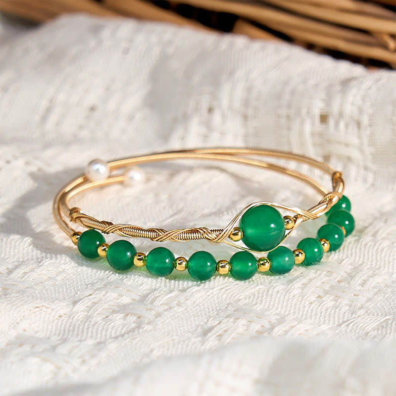 Nimara Ritual 14K Gold Filled Copper Natural Green Agate Power Metal Cuff Bracelet Bangle