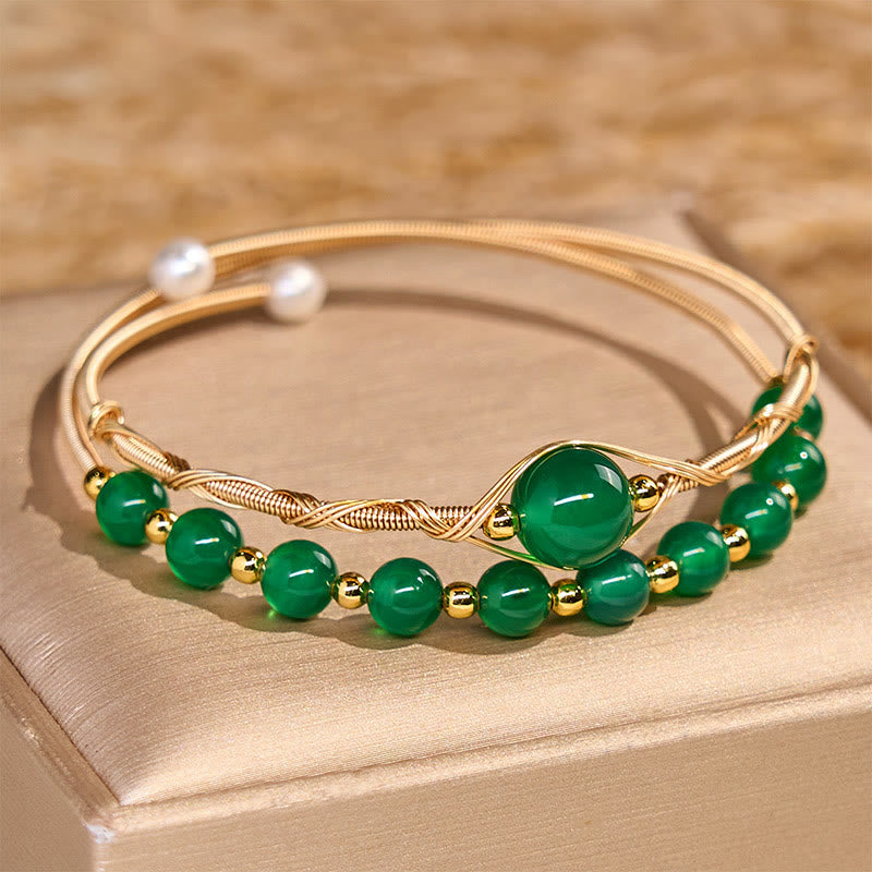 Nimara Ritual 14K Gold Filled Copper Natural Green Agate Power Metal Cuff Bracelet Bangle