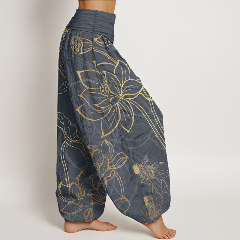 Nimara Ritual Pure Cotton Lotus Leaf Koi Fish Women's Elastic Waist Harem Pants