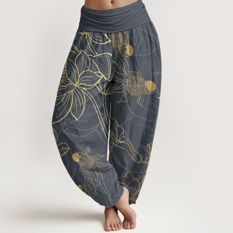 Nimara Ritual Pure Cotton Lotus Leaf Koi Fish Women's Elastic Waist Harem Pants