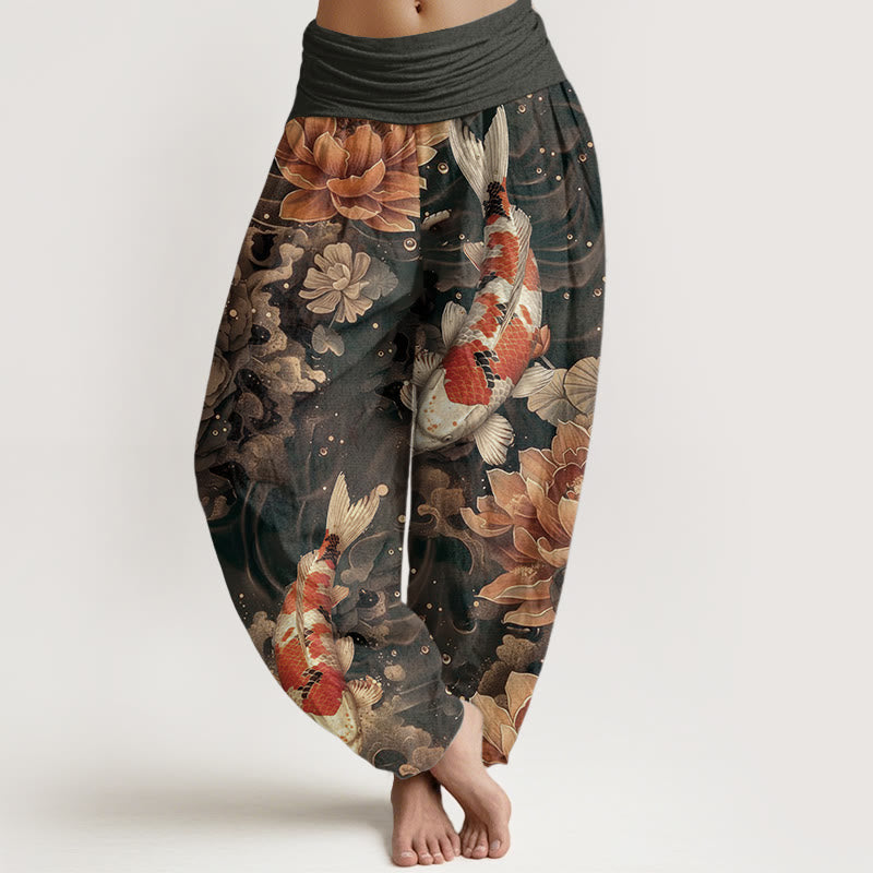 Nimara Ritual Pure Cotton Colorful Koi Fish Lotus Flowers Design Women's Elastic Waist Harem Pants