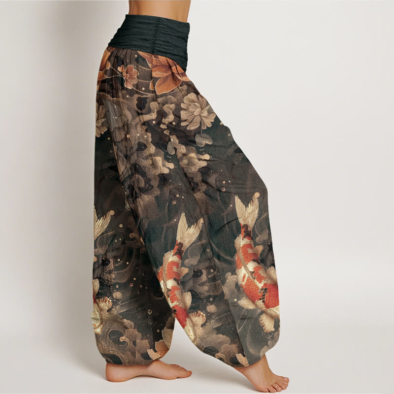 Nimara Ritual Pure Cotton Colorful Koi Fish Lotus Flowers Design Women's Elastic Waist Harem Pants