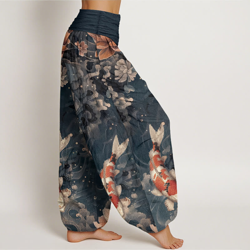 Nimara Ritual Pure Cotton Colorful Koi Fish Lotus Flowers Design Women's Elastic Waist Harem Pants