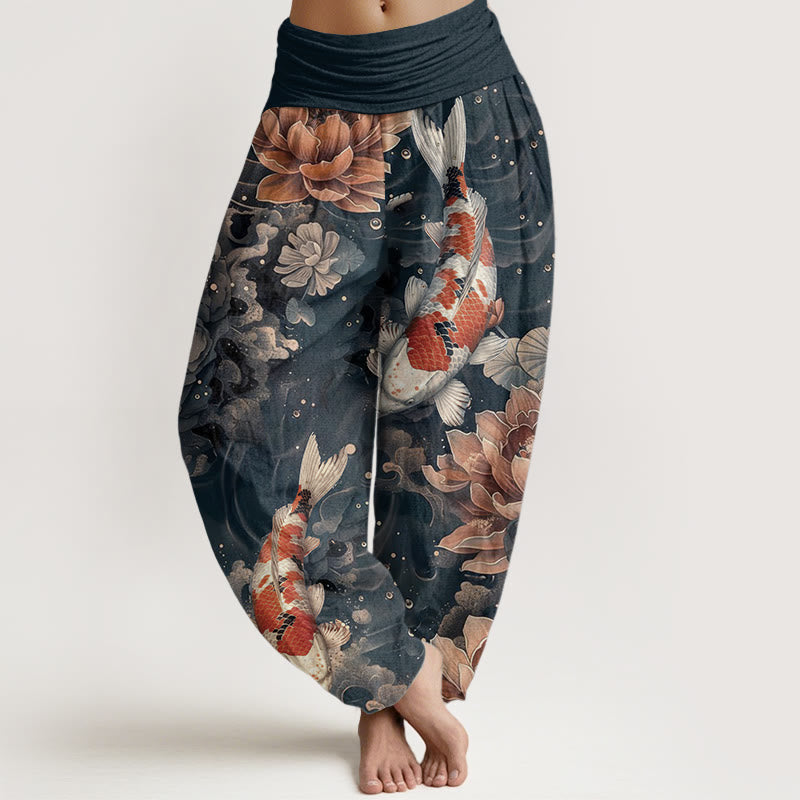 Nimara Ritual Pure Cotton Colorful Koi Fish Lotus Flowers Design Women's Elastic Waist Harem Pants