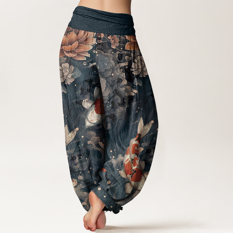 Nimara Ritual Pure Cotton Colorful Koi Fish Lotus Flowers Design Women's Elastic Waist Harem Pants