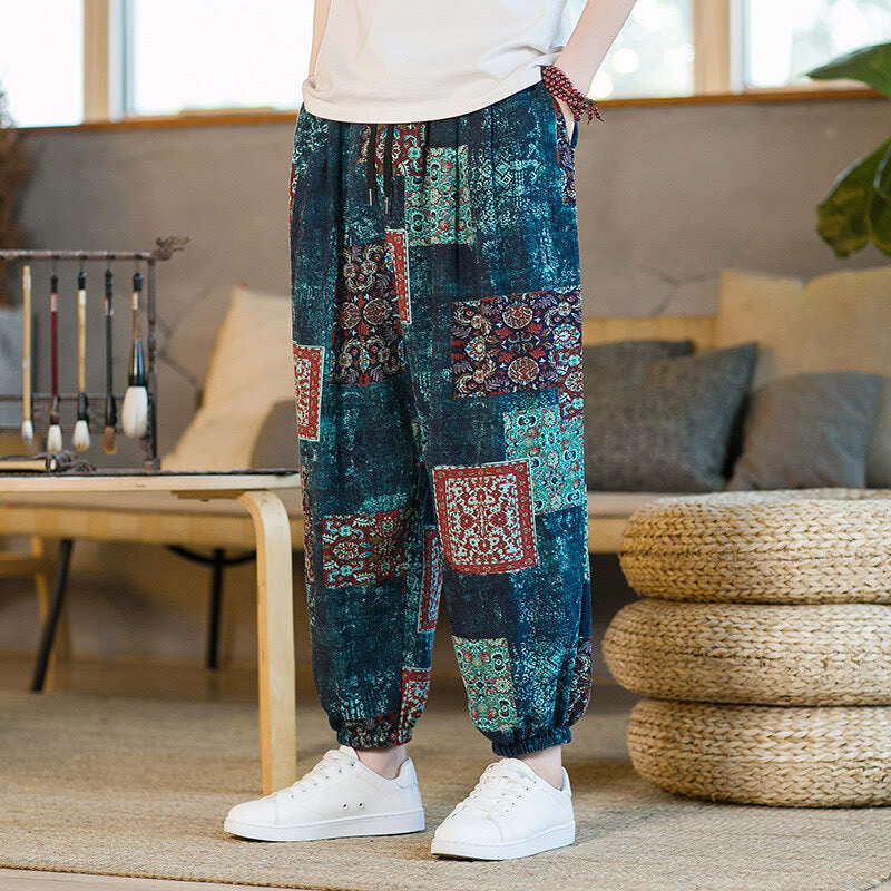 Nimara Ritual Summer Square Patchwork Men's Ankle-Length Harem Pants With Pockets
