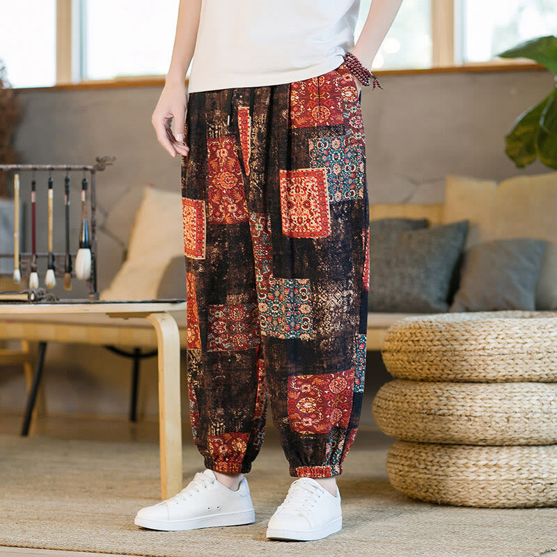 Nimara Ritual Summer Square Patchwork Men's Ankle-Length Harem Pants With Pockets