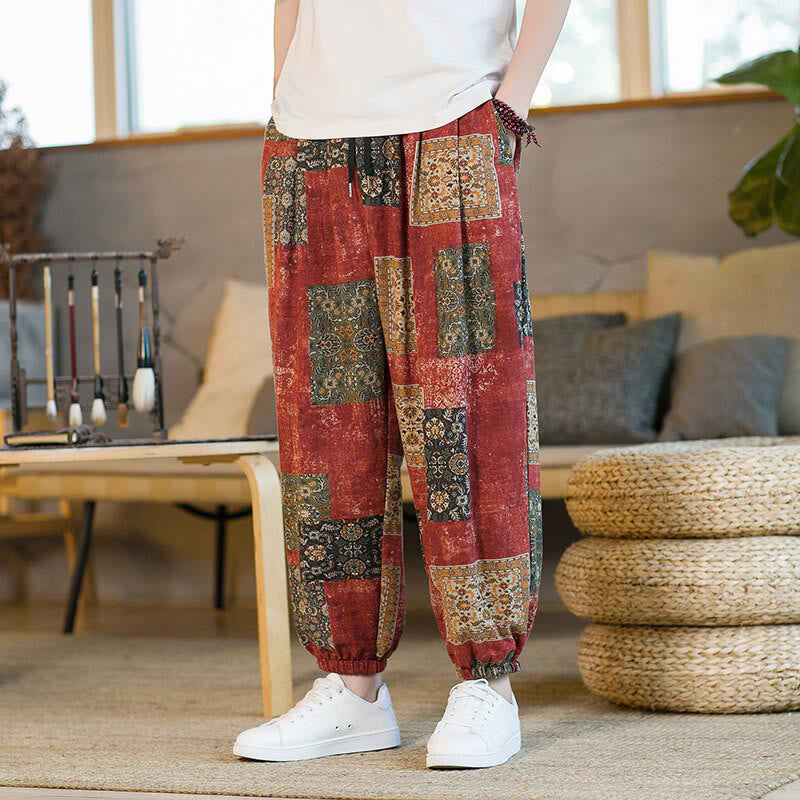 Nimara Ritual Summer Square Patchwork Men's Ankle-Length Harem Pants With Pockets