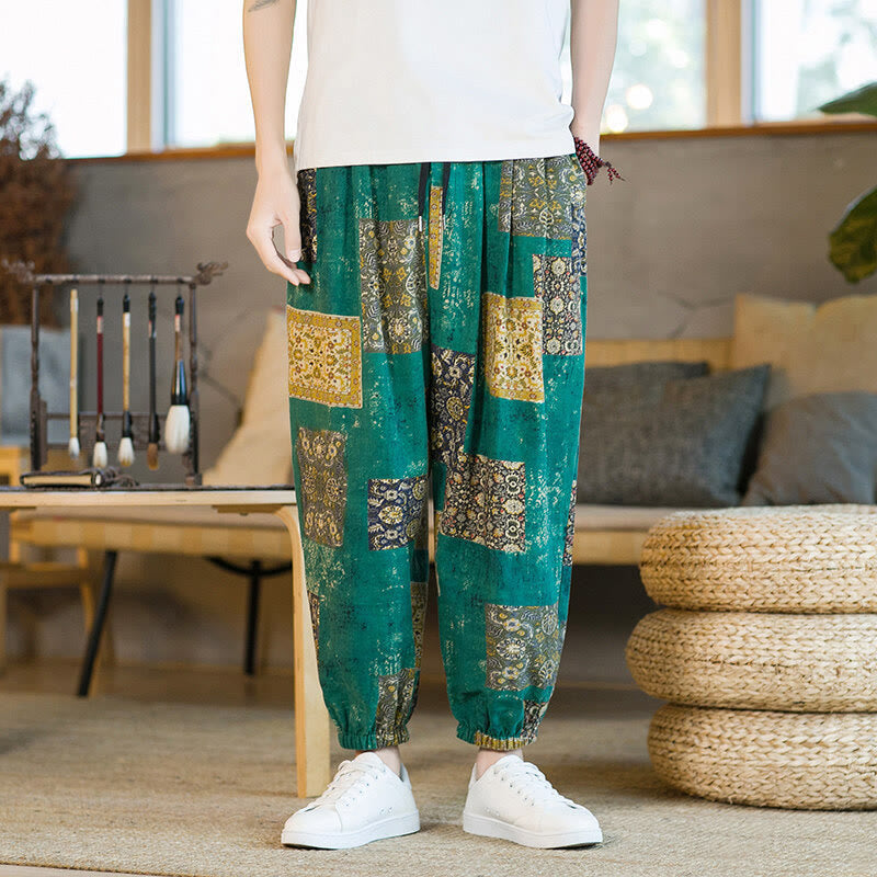 Nimara Ritual Summer Square Patchwork Men's Ankle-Length Harem Pants With Pockets
