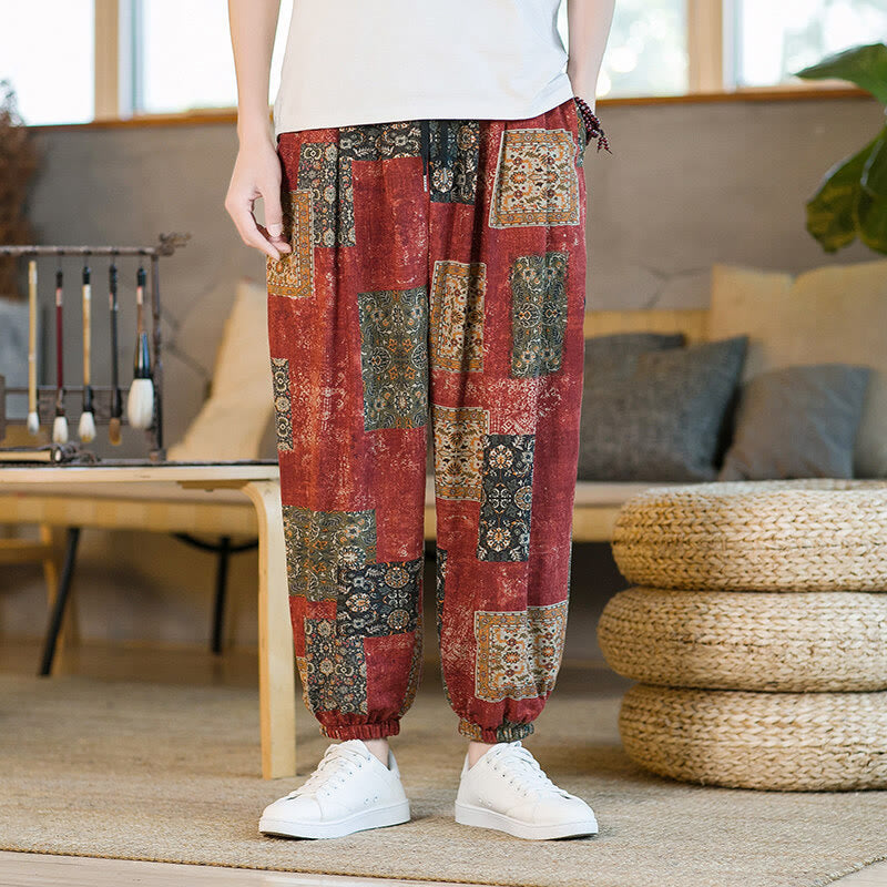 Nimara Ritual Summer Square Patchwork Men's Ankle-Length Harem Pants With Pockets