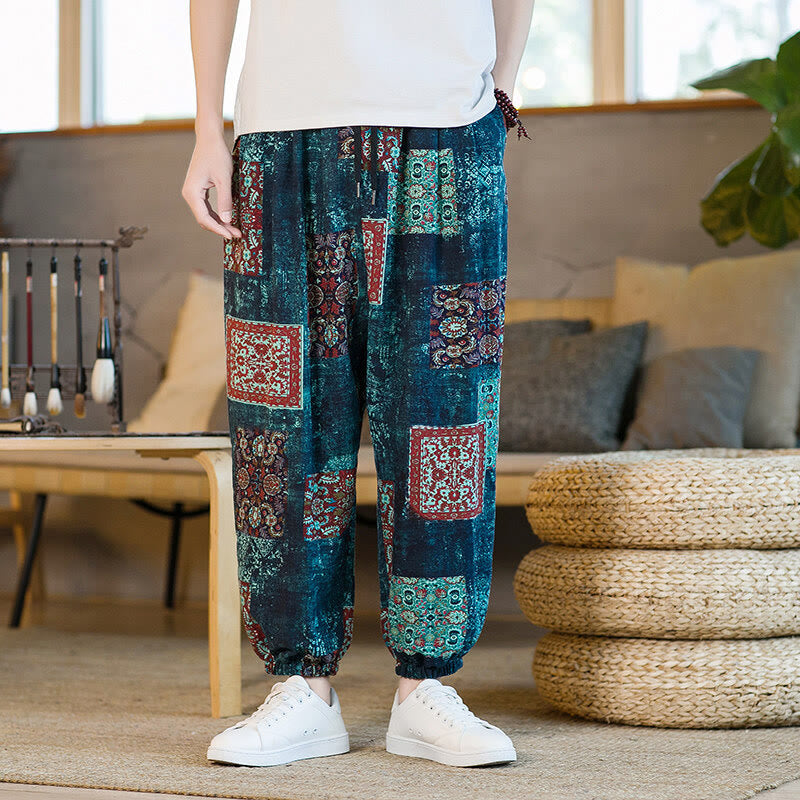 Nimara Ritual Summer Square Patchwork Men's Ankle-Length Harem Pants With Pockets