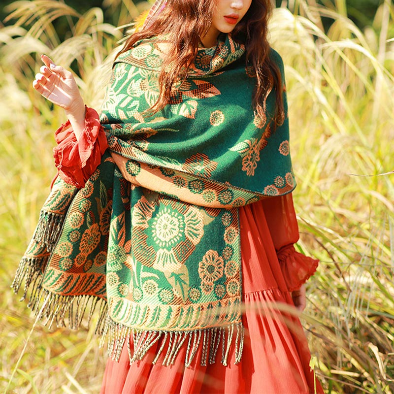 Nimara Ritual Tibetan Flower Floral Leaves Pattern Design Shawl Cozy Travel Scarf Wrap