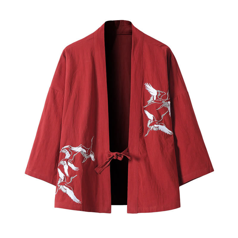 Nimara Ritual Embroidery Flying White Cranes Cotton Linen Open Front Jacket Men's Kimono