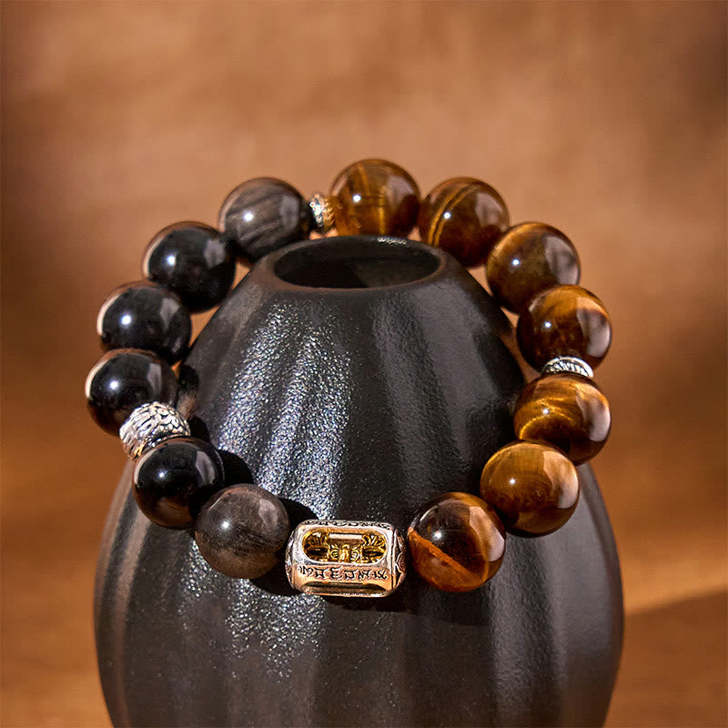 Nimara Ritual Natural Silver Sheen Obsidian Tiger Eye Vajra Protection Bracelet