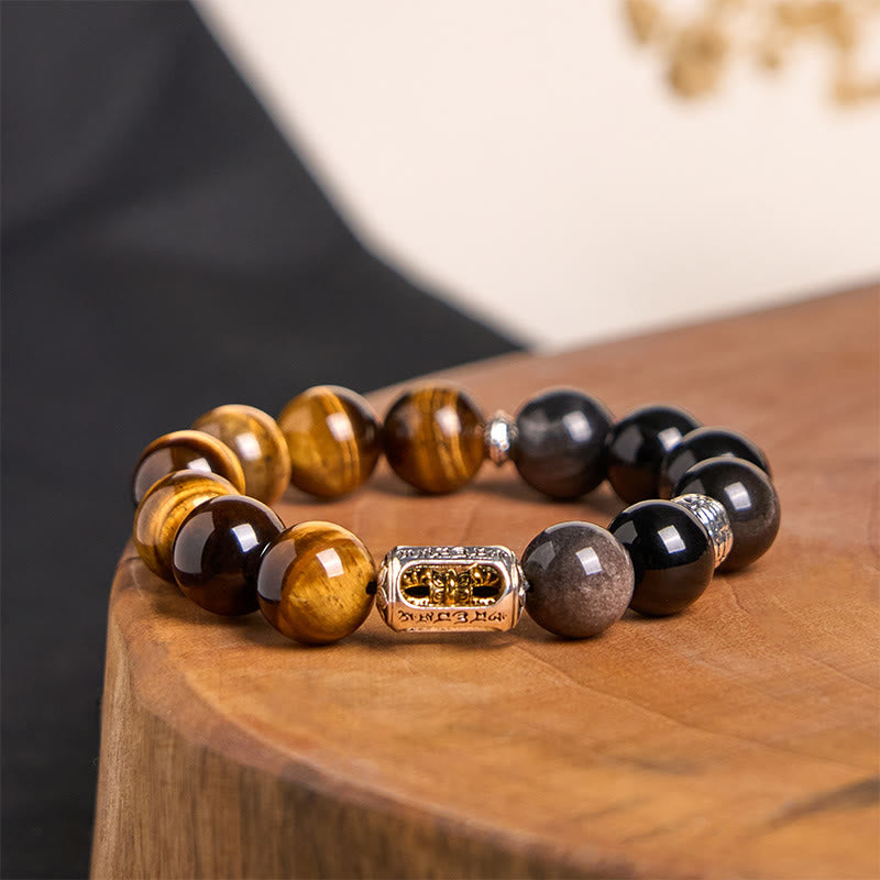 Nimara Ritual Natural Silver Sheen Obsidian Tiger Eye Vajra Protection Bracelet