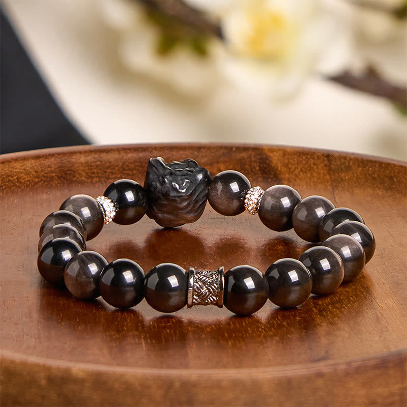 Nimara Ritual Natural Silver Sheen Obsidian Lion Dance Protection Bracelet