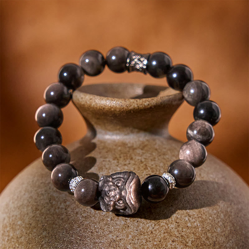 Nimara Ritual Natural Silver Sheen Obsidian Lion Dance Protection Bracelet
