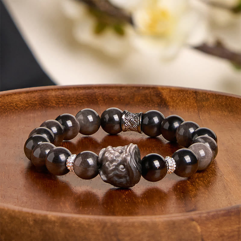 Nimara Ritual Natural Silver Sheen Obsidian Lion Dance Protection Bracelet