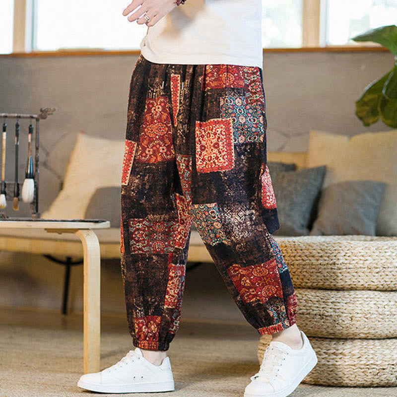 Nimara Ritual Summer Square Patchwork Men's Ankle-Length Harem Pants With Pockets