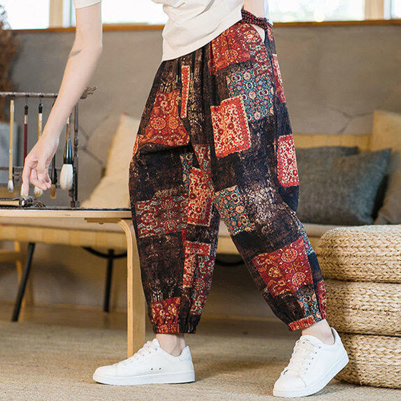 Nimara Ritual Summer Square Patchwork Men's Ankle-Length Harem Pants With Pockets