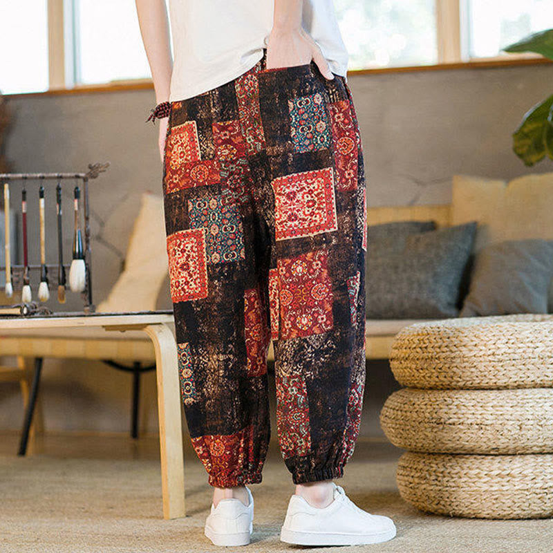 Nimara Ritual Summer Square Patchwork Men's Ankle-Length Harem Pants With Pockets