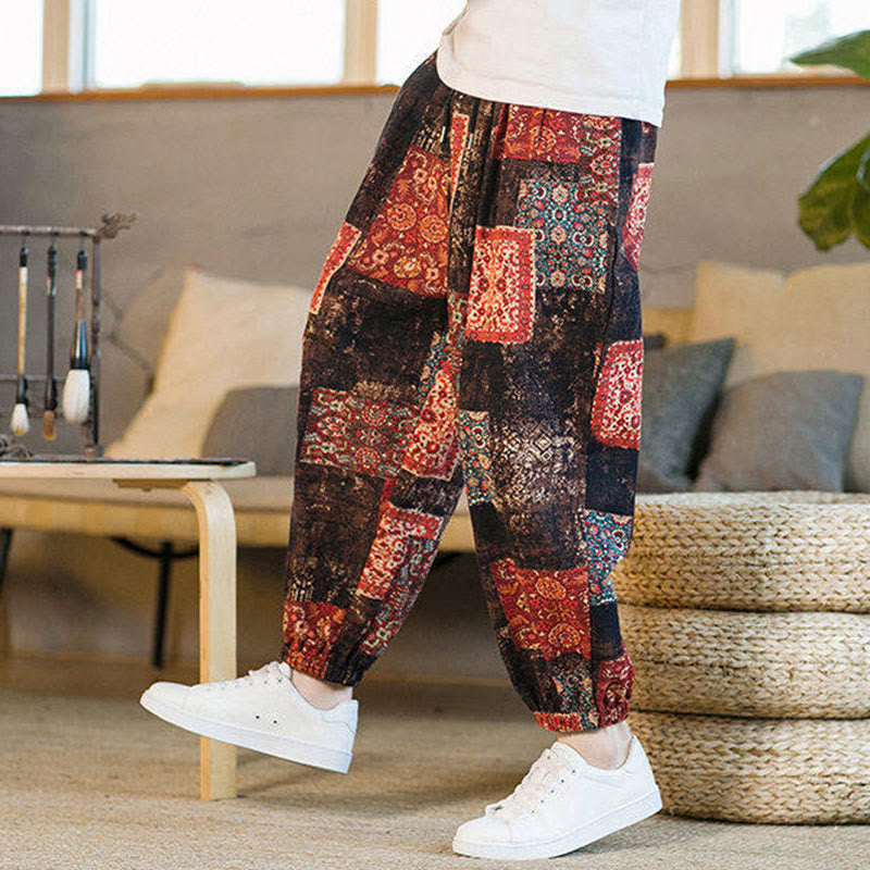 Nimara Ritual Summer Square Patchwork Men's Ankle-Length Harem Pants With Pockets