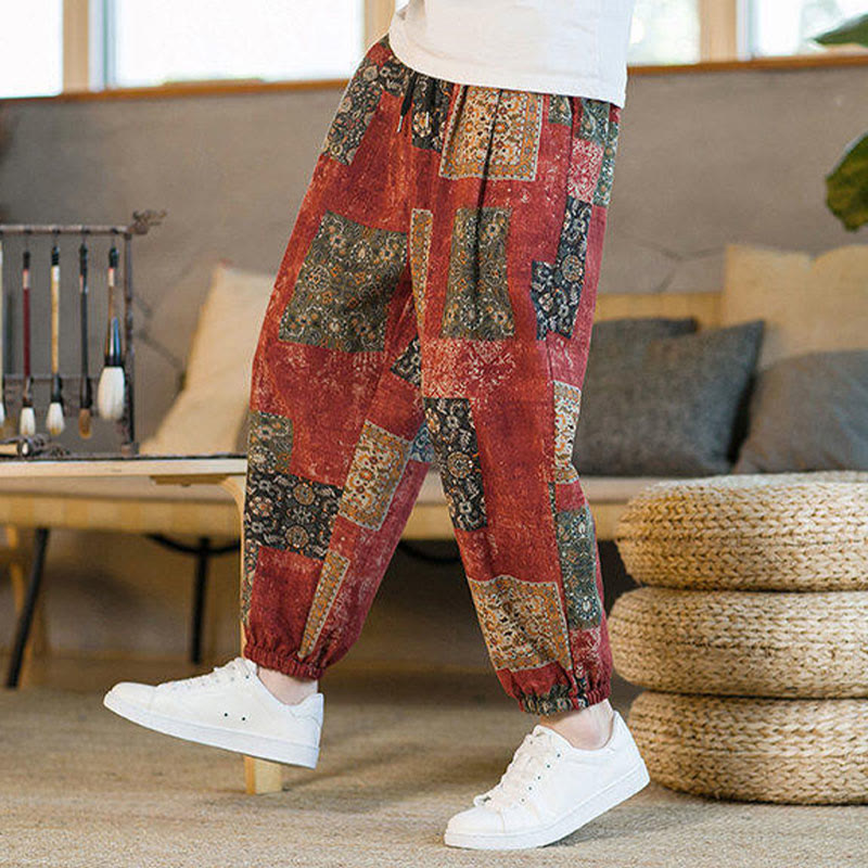 Nimara Ritual Summer Square Patchwork Men's Ankle-Length Harem Pants With Pockets