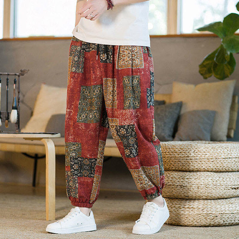 Nimara Ritual Summer Square Patchwork Men's Ankle-Length Harem Pants With Pockets