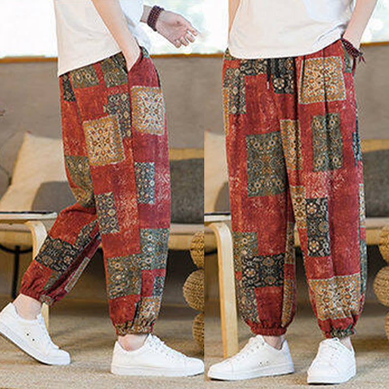 Nimara Ritual Summer Square Patchwork Men's Ankle-Length Harem Pants With Pockets