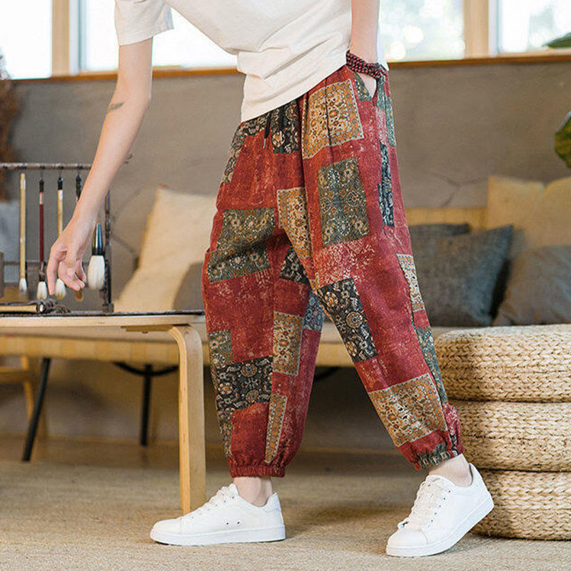 Nimara Ritual Summer Square Patchwork Men's Ankle-Length Harem Pants With Pockets