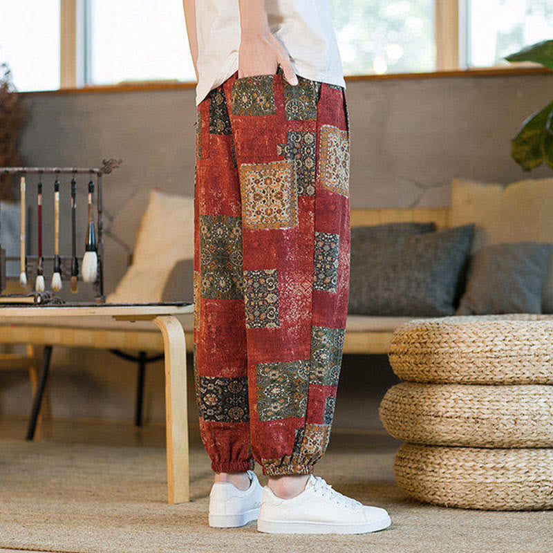 Nimara Ritual Summer Square Patchwork Men's Ankle-Length Harem Pants With Pockets