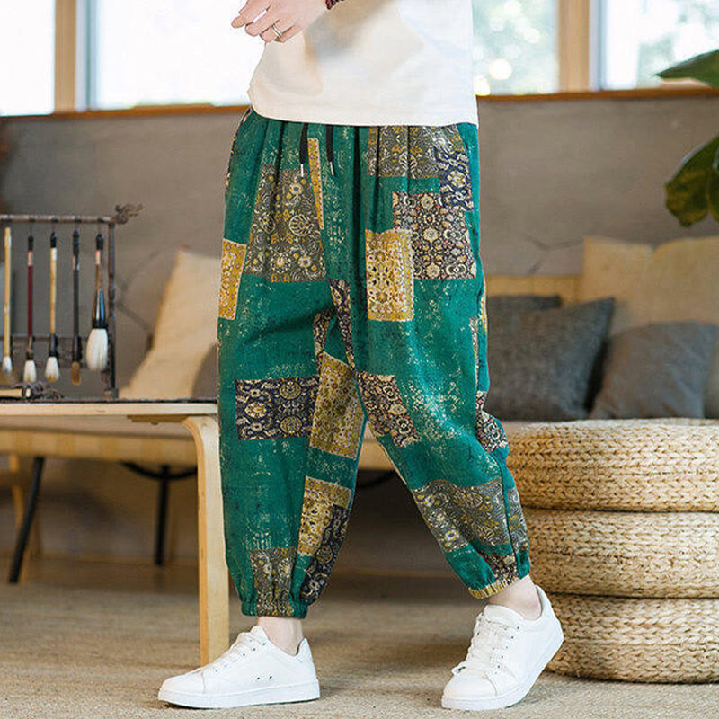 Nimara Ritual Summer Square Patchwork Men's Ankle-Length Harem Pants With Pockets