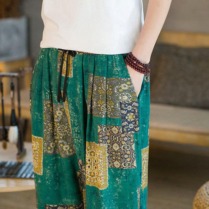 Nimara Ritual Summer Square Patchwork Men's Ankle-Length Harem Pants With Pockets
