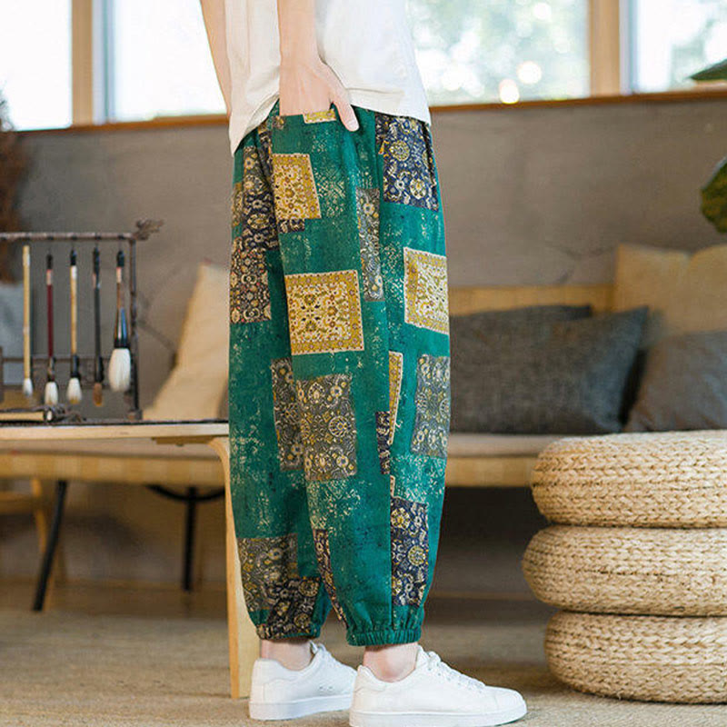 Nimara Ritual Summer Square Patchwork Men's Ankle-Length Harem Pants With Pockets