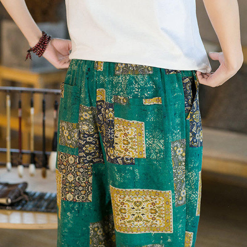 Nimara Ritual Summer Square Patchwork Men's Ankle-Length Harem Pants With Pockets