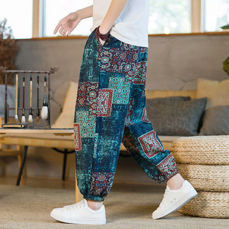 Nimara Ritual Summer Square Patchwork Men's Ankle-Length Harem Pants With Pockets