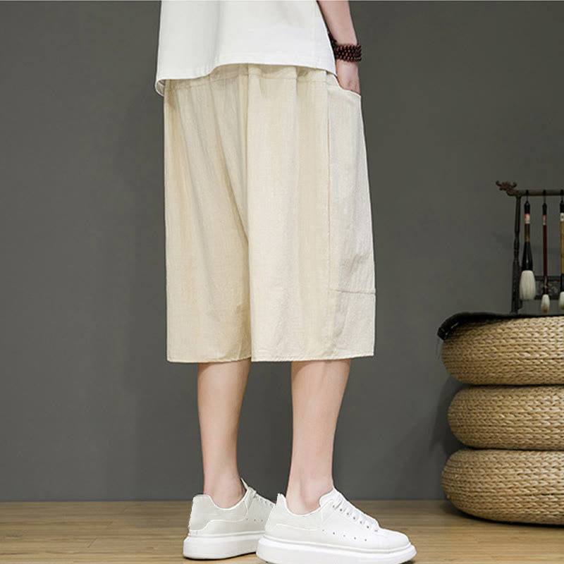 Nimara Ritual Casual Drawstring Cotton Linen Men's Capri Harem Pants With Pockets