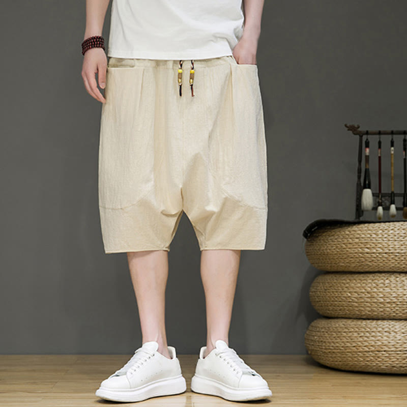 Nimara Ritual Casual Drawstring Cotton Linen Men's Capri Harem Pants With Pockets