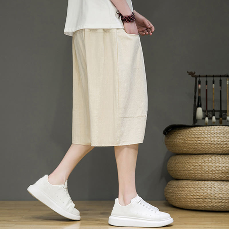 Nimara Ritual Casual Drawstring Cotton Linen Men's Capri Harem Pants With Pockets