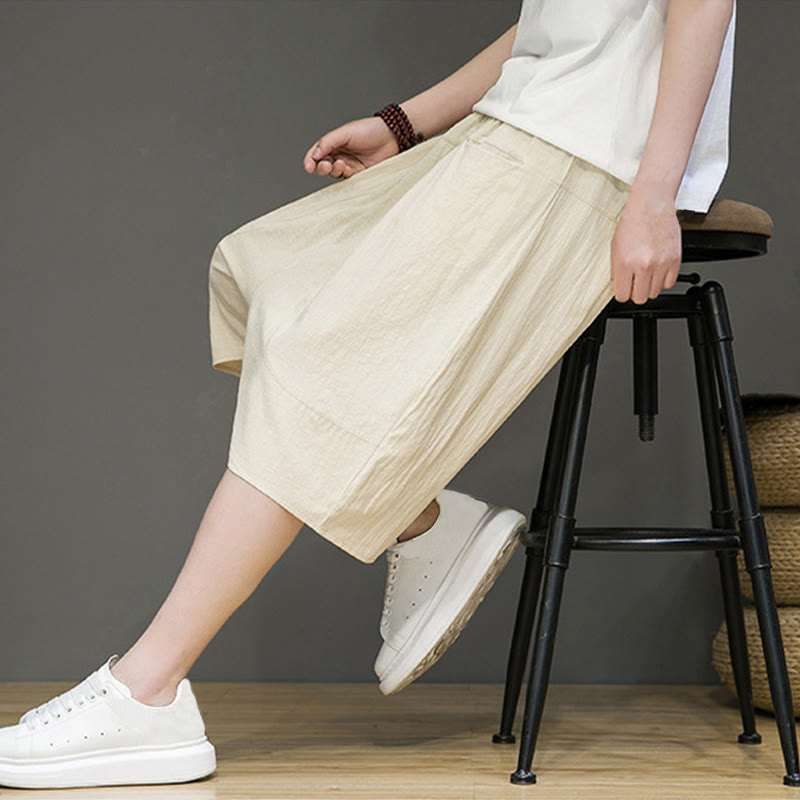 Nimara Ritual Casual Drawstring Cotton Linen Men's Capri Harem Pants With Pockets