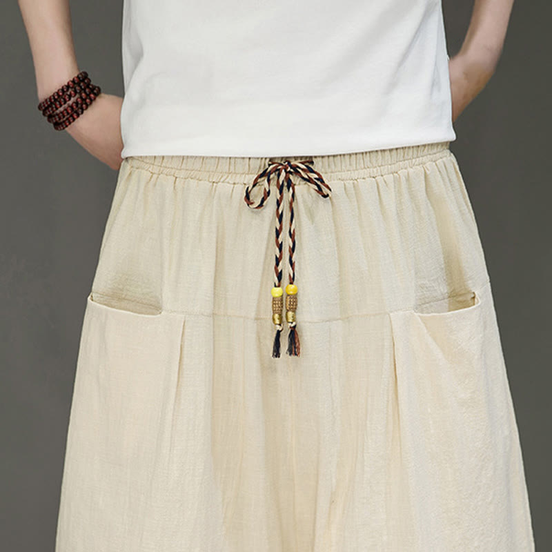 Nimara Ritual Casual Drawstring Cotton Linen Men's Capri Harem Pants With Pockets