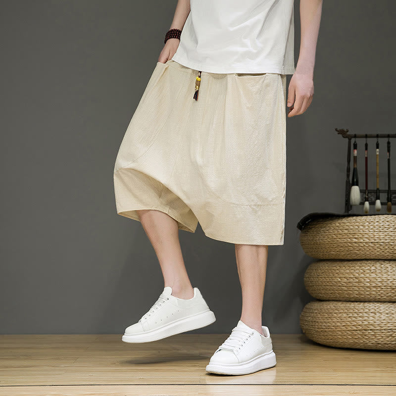 Nimara Ritual Casual Drawstring Cotton Linen Men's Capri Harem Pants With Pockets