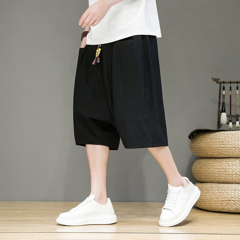 Nimara Ritual Casual Drawstring Cotton Linen Men's Capri Harem Pants With Pockets
