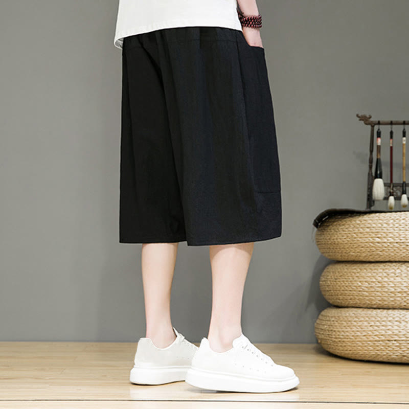 Nimara Ritual Casual Drawstring Cotton Linen Men's Capri Harem Pants With Pockets