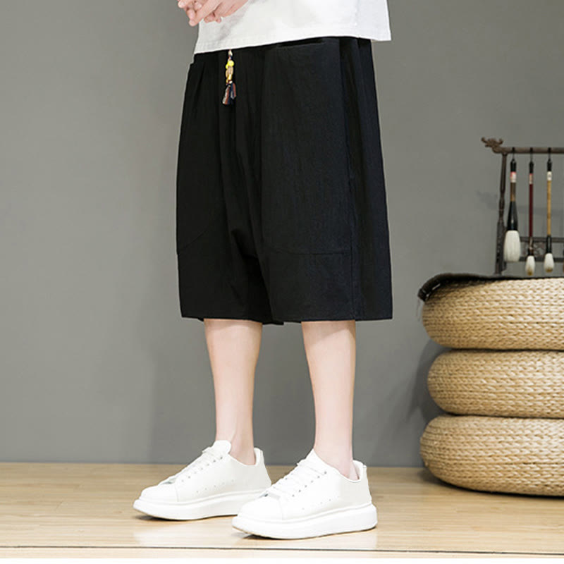 Nimara Ritual Casual Drawstring Cotton Linen Men's Capri Harem Pants With Pockets