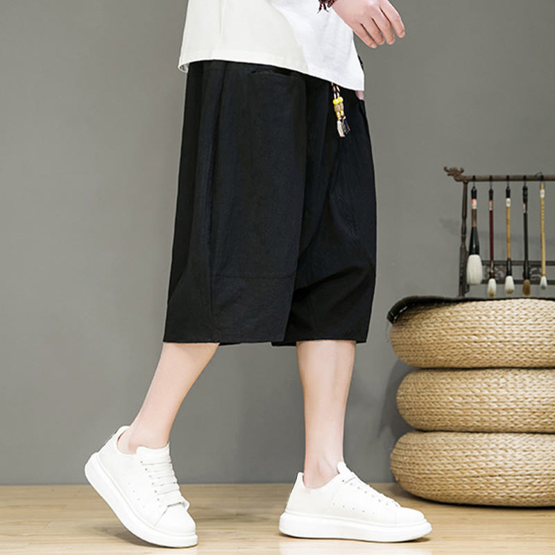 Nimara Ritual Casual Drawstring Cotton Linen Men's Capri Harem Pants With Pockets