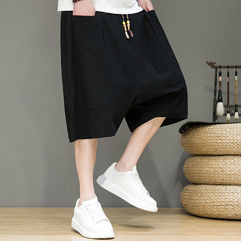 Nimara Ritual Casual Drawstring Cotton Linen Men's Capri Harem Pants With Pockets